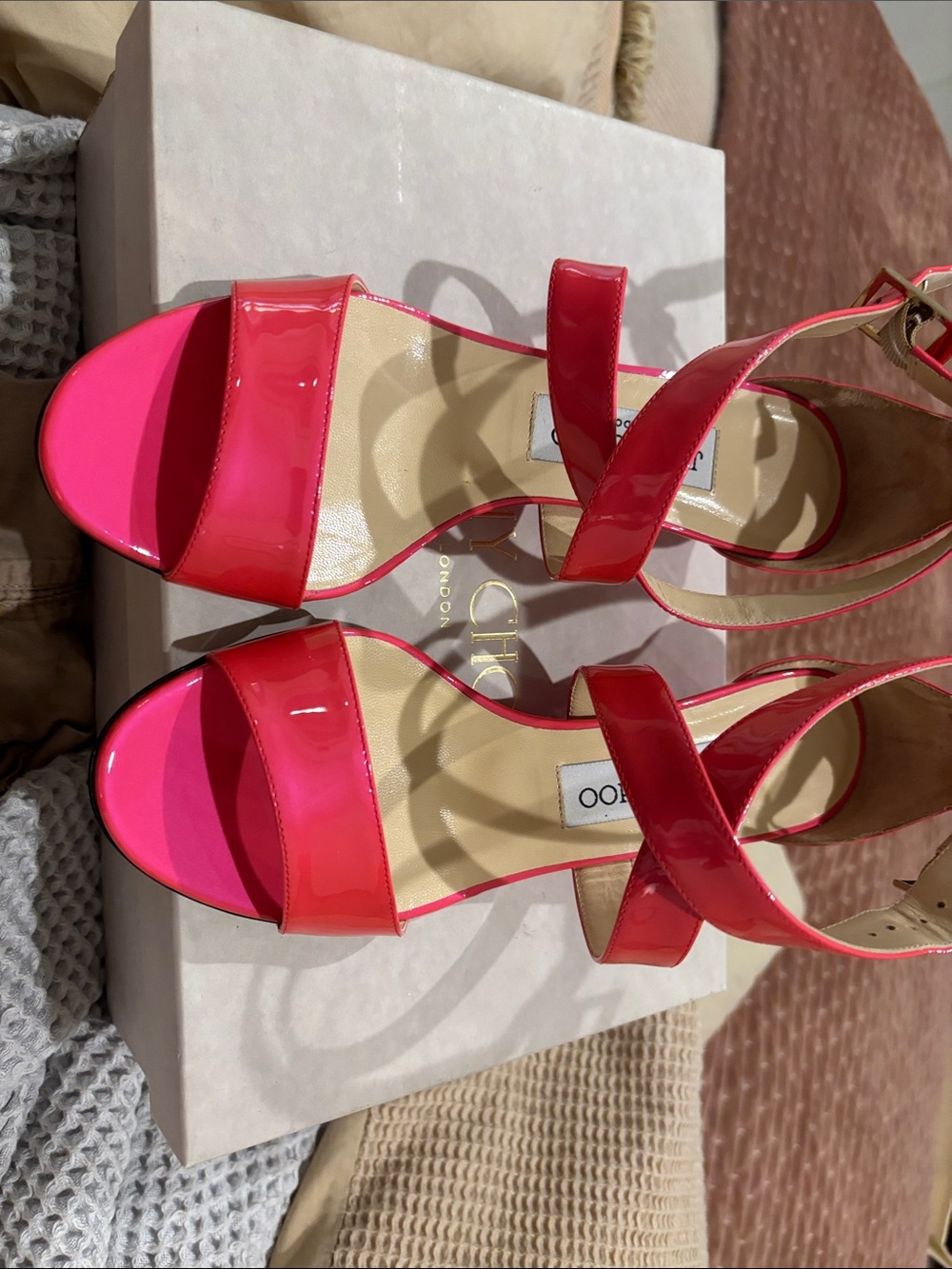 Jimmy Choo Patent Two-Tone Pink Red Strappy Sandals